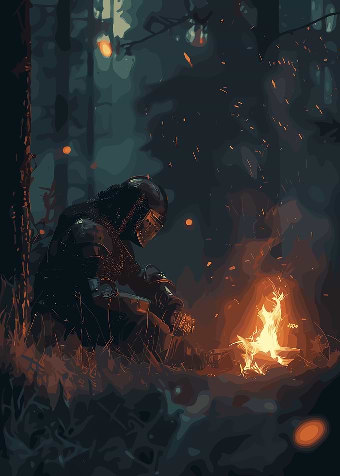 Knight by Campfire in Dark Forest