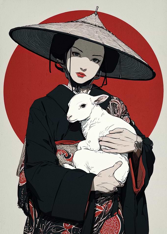 Asian Woman with Lamb Digital Art