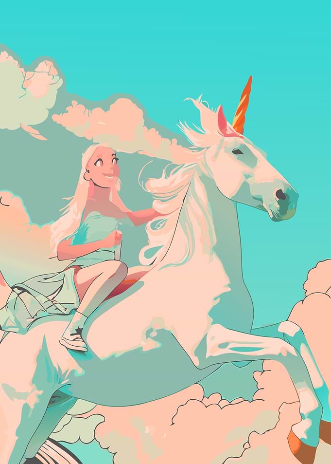 Girl riding a unicorn in the sky