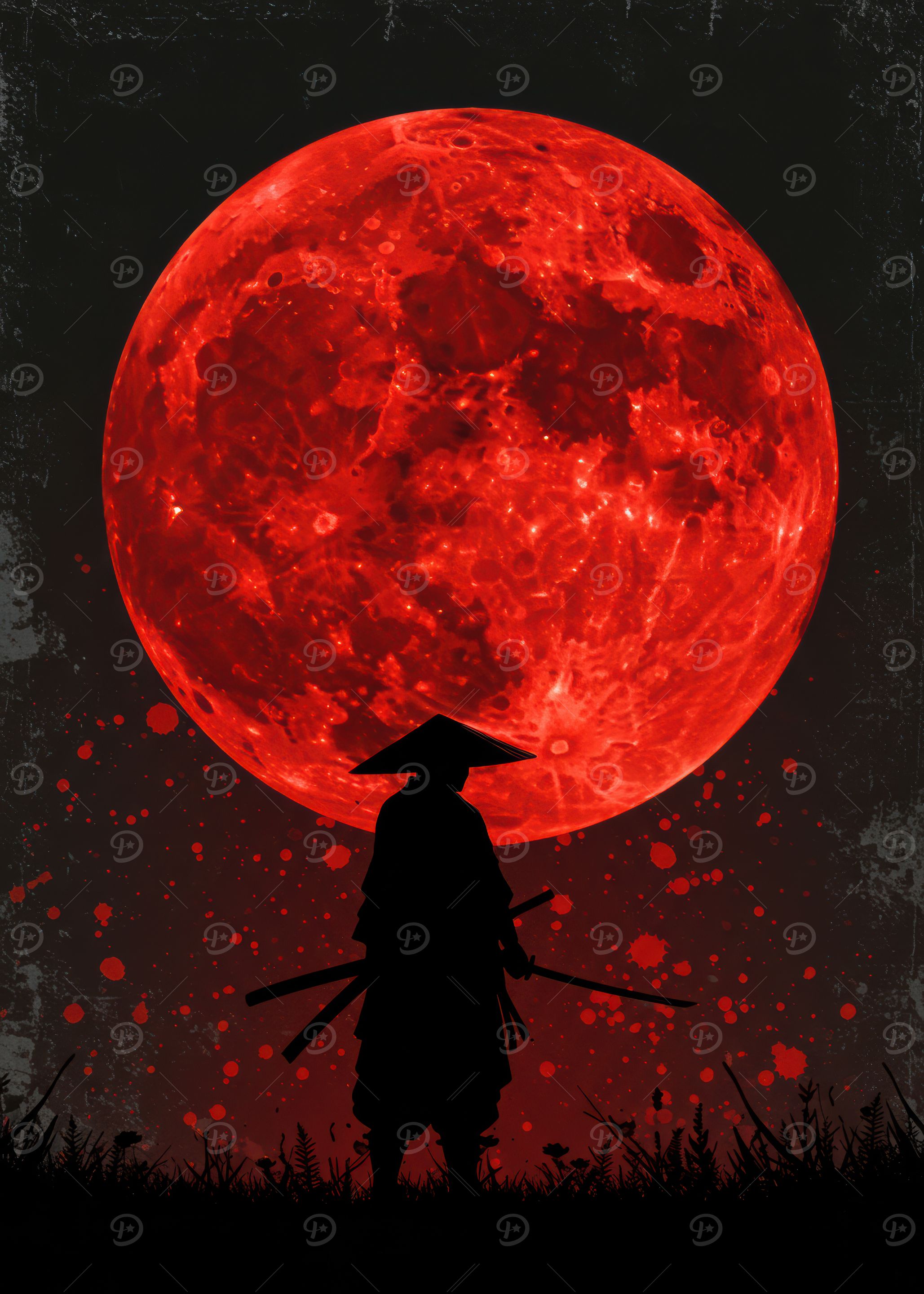 Samurai Silhouette Under Red Moon
