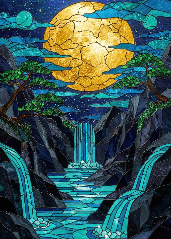 Stained Glass Waterfall Landscape