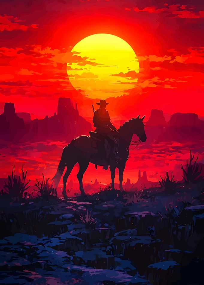 Cowboy on Horseback at Sunset