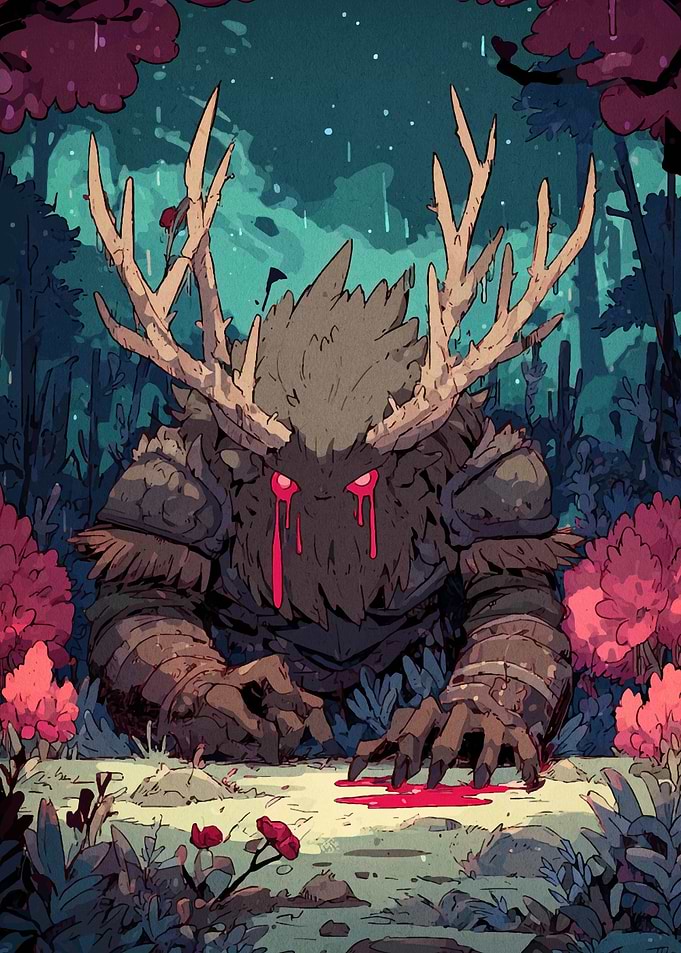 Forest Monster with Antlers and Red Eyes