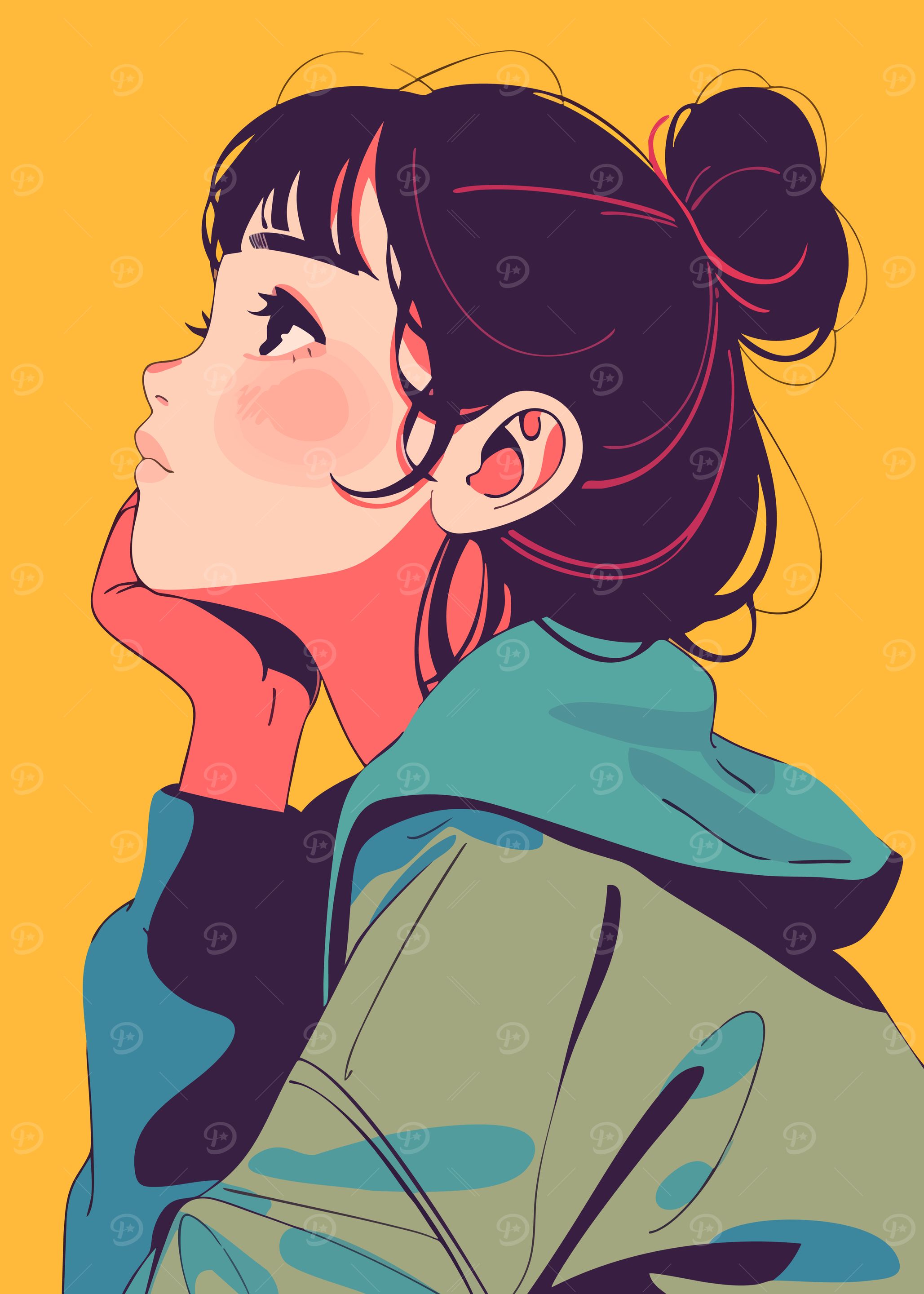 Thinking Anime Girl Minimalist Art Illustration