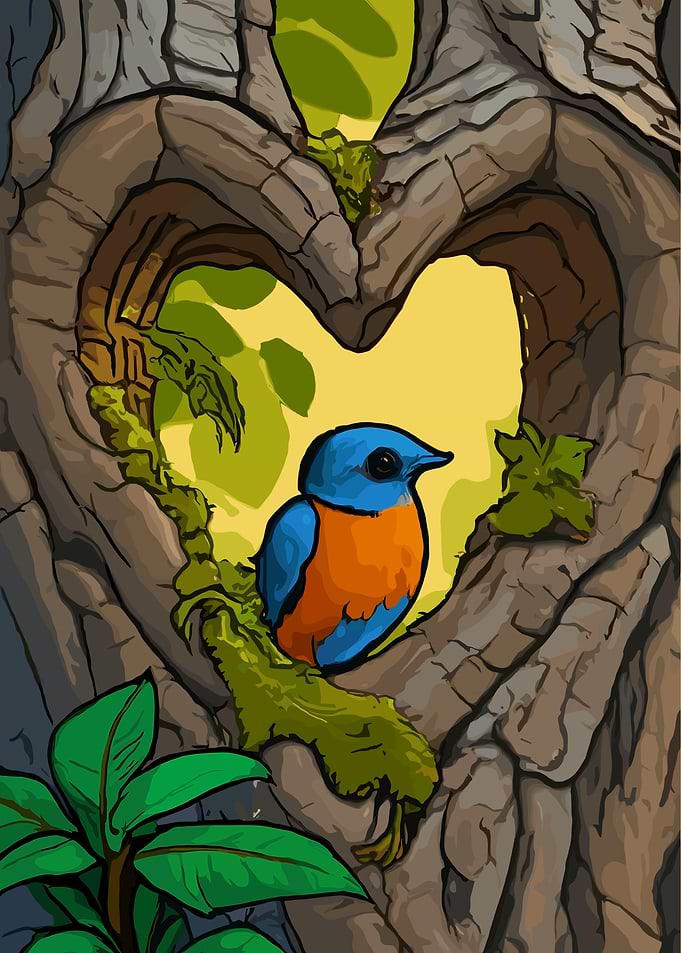 Bluebird in Heart-Shaped Tree Hollow