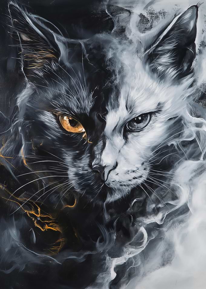 Monochrome Cat Portrait with Golden Eye