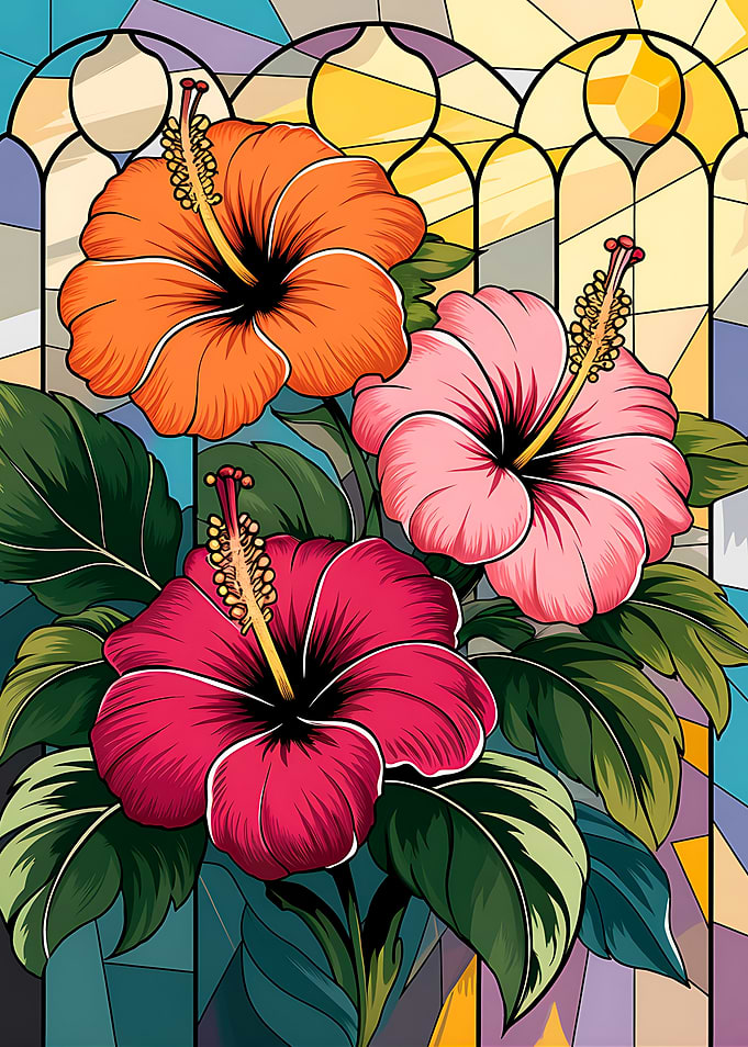 Hibiscus Flowers Stained Glass Style Art