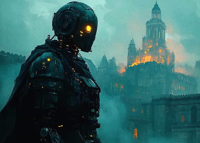 Cyberpunk Robot Overlooking Burning Cityscape