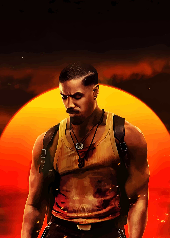 Michael B. Jordan in fiery backdrop