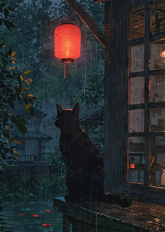 Black Cat in Rainy Japanese Garden