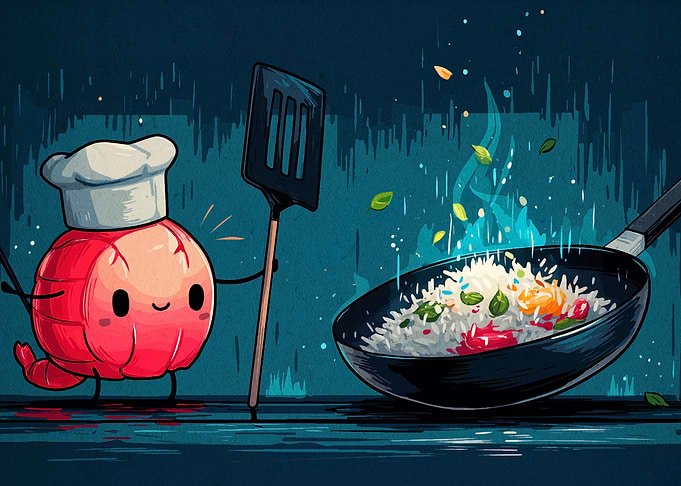 Cartoon Shrimp Chef Cooking Rice