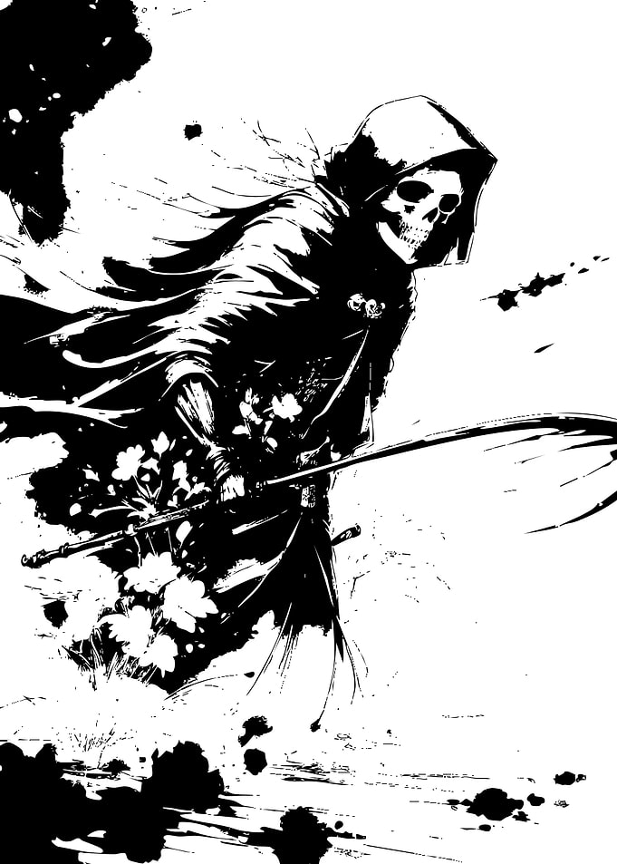 Grim Reaper with Flowers Black and White