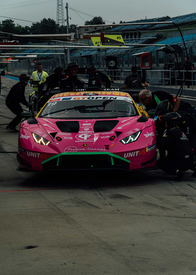 Pink Lamborghini Race Car Pit Stop