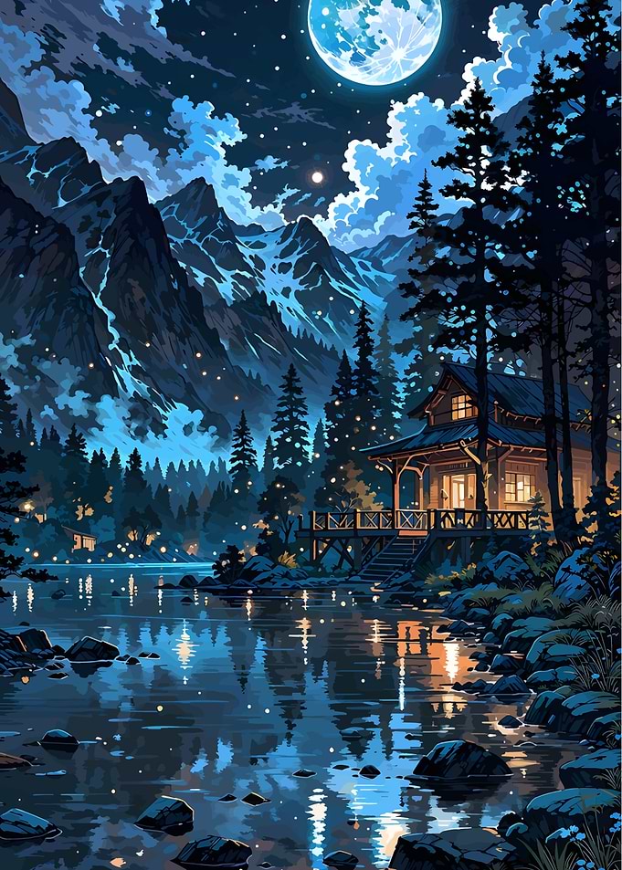 Moonlit Cabin by the Lake