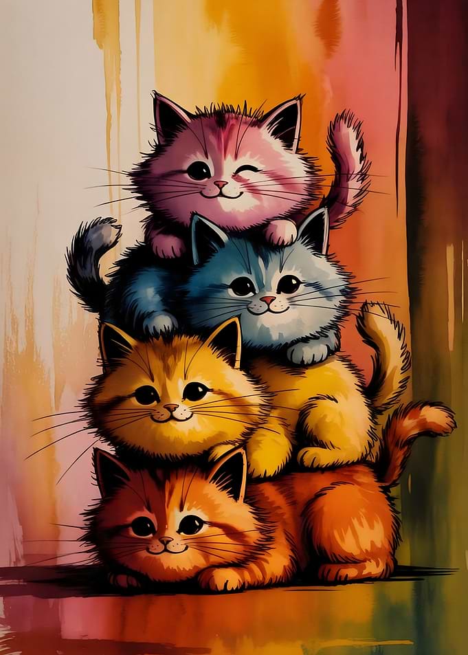 Stacked Watercolor Cats
