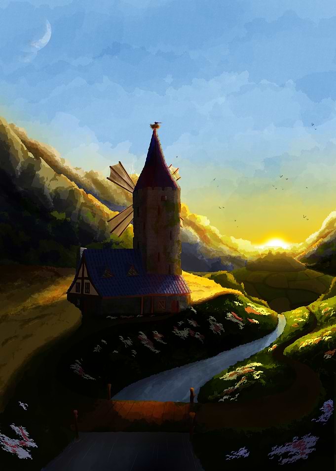 Windmill Landscape at Sunset