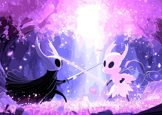 Hollow Knight Duel in Purple Forest
