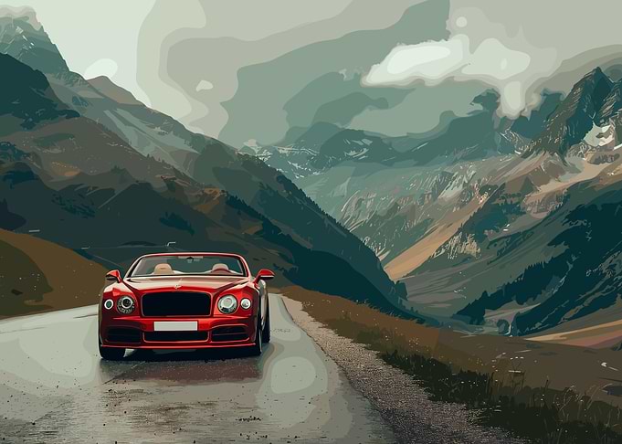 Red Convertible in Mountain Landscape