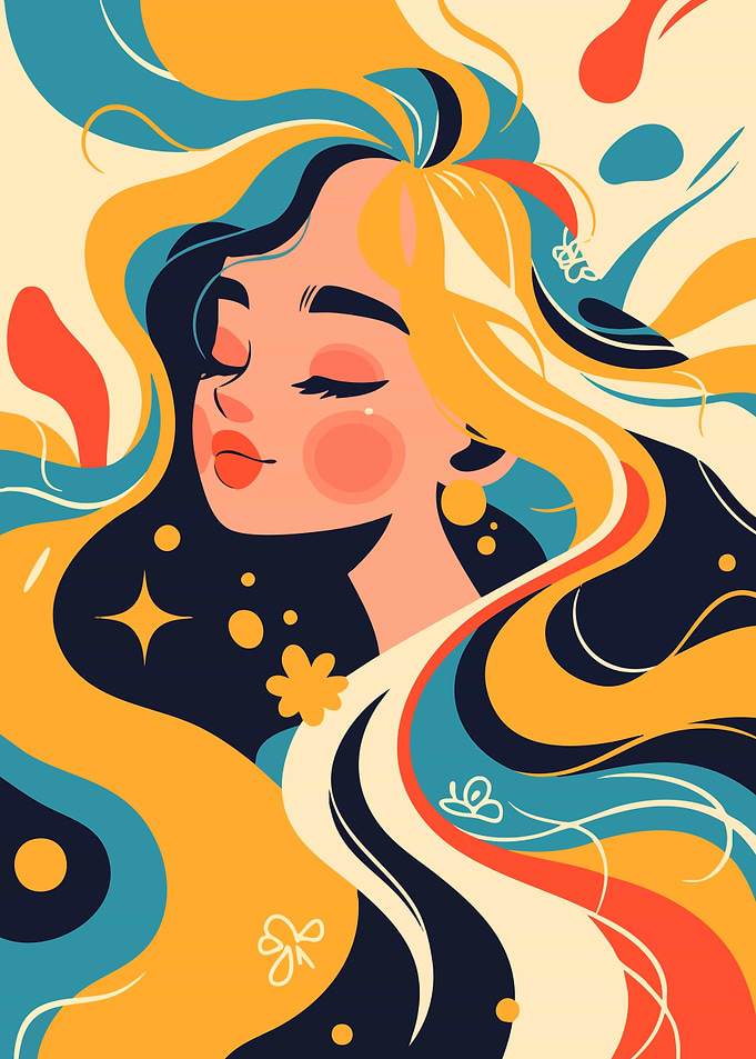 Girl with Flowing Hair Beautiful Abstract Art Minimalist Illustration