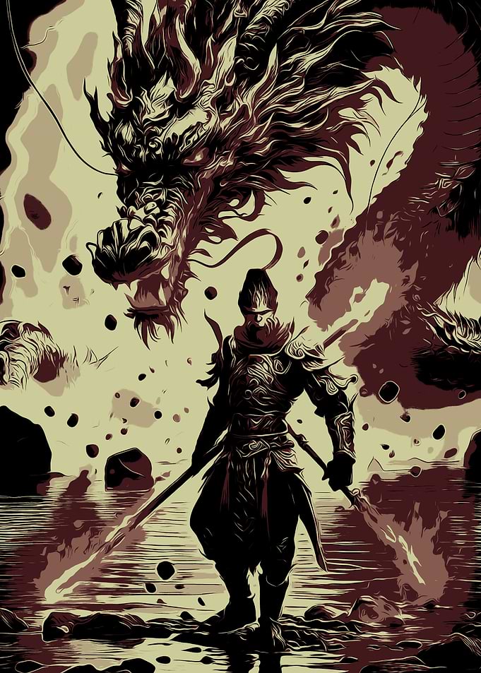 Warrior and Dragon in Fantasy Landscape