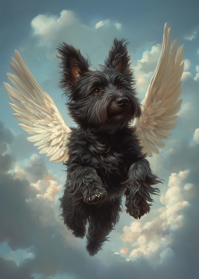Winged Black Dog in the Sky | Pet Memorial Art