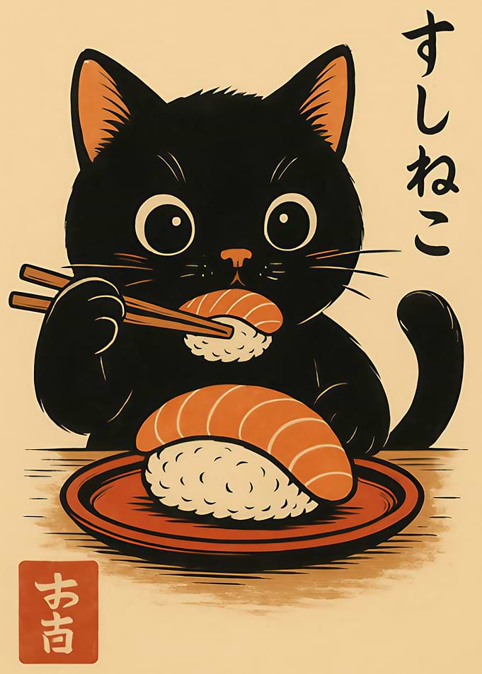 Black Cat Eating Sushi Illustration