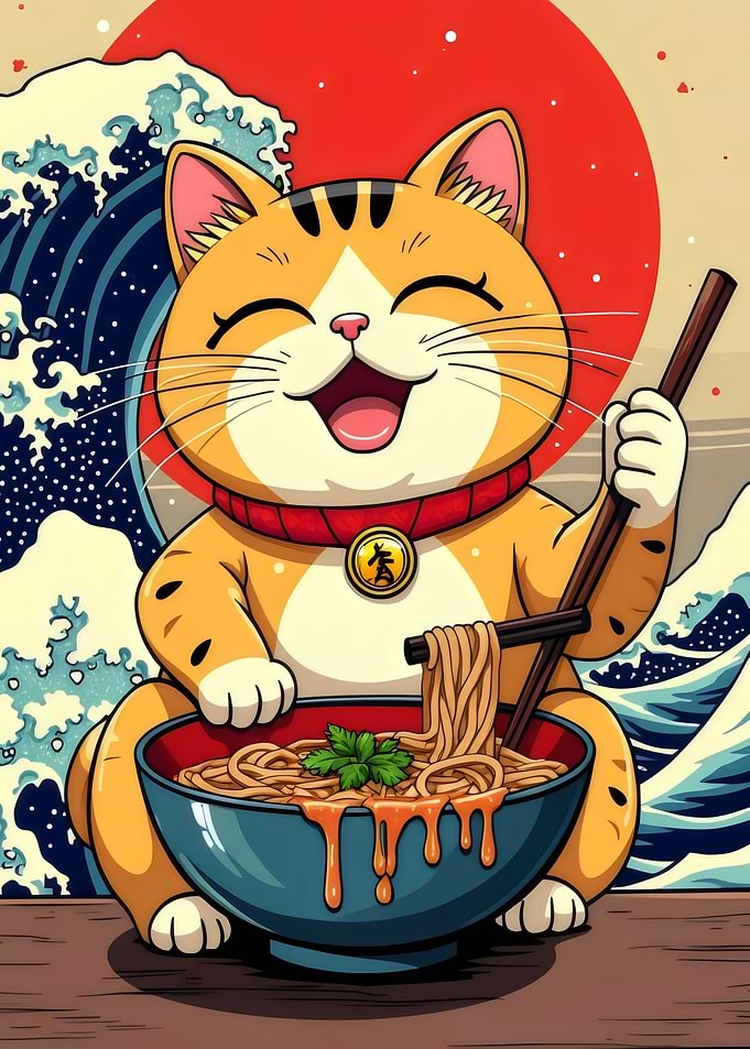 Happy Cat Eating Ramen Noodle Retro Japan Pattern Adorable Illustration