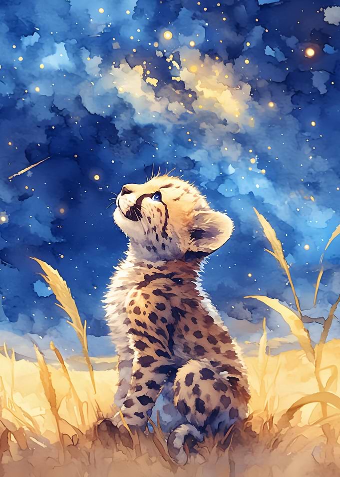 Watercolor Cheetah Cub Gazing at Stars