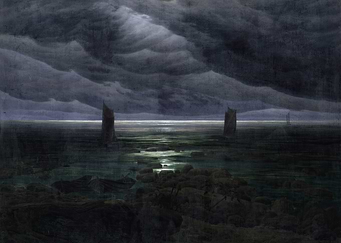 Seascape with Rocks and Moonlight, david caspar friedrich painting