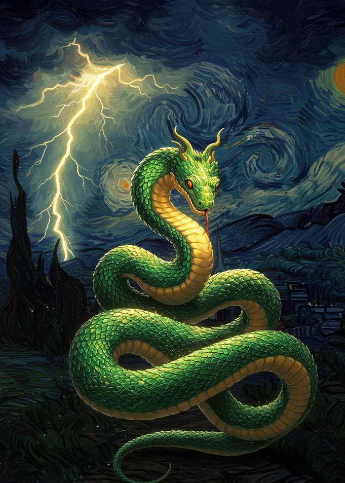 Green Dragon in Starry Night Style