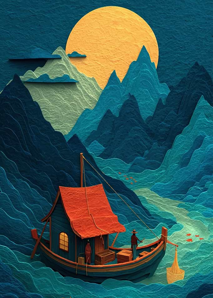 Fishing Boat in Mountainous Landscape