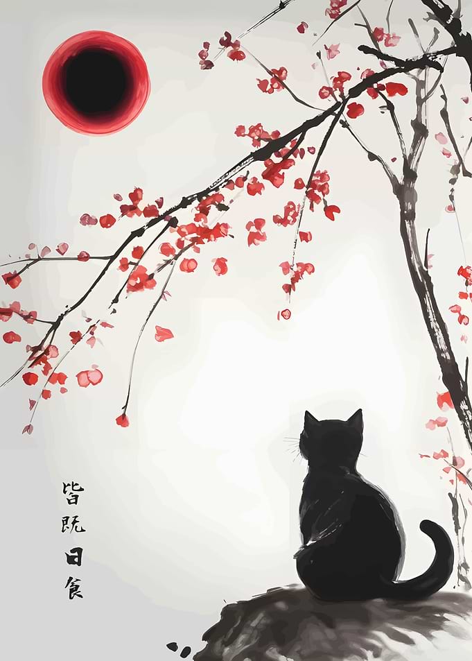 Black Cat Under Cherry Blossom Tree