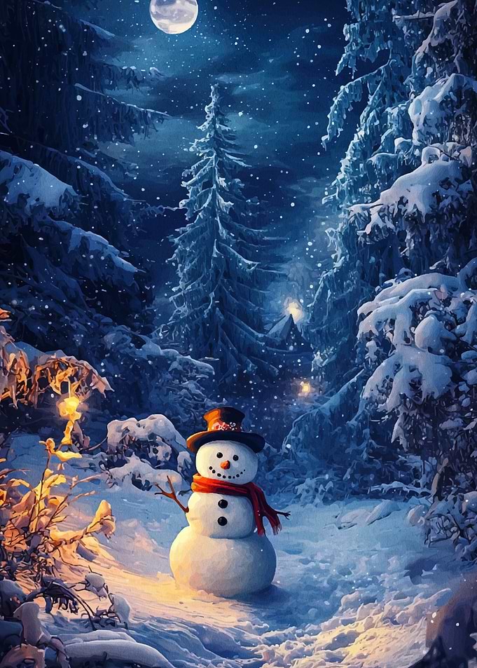 Snowman in Winter Forest at Night