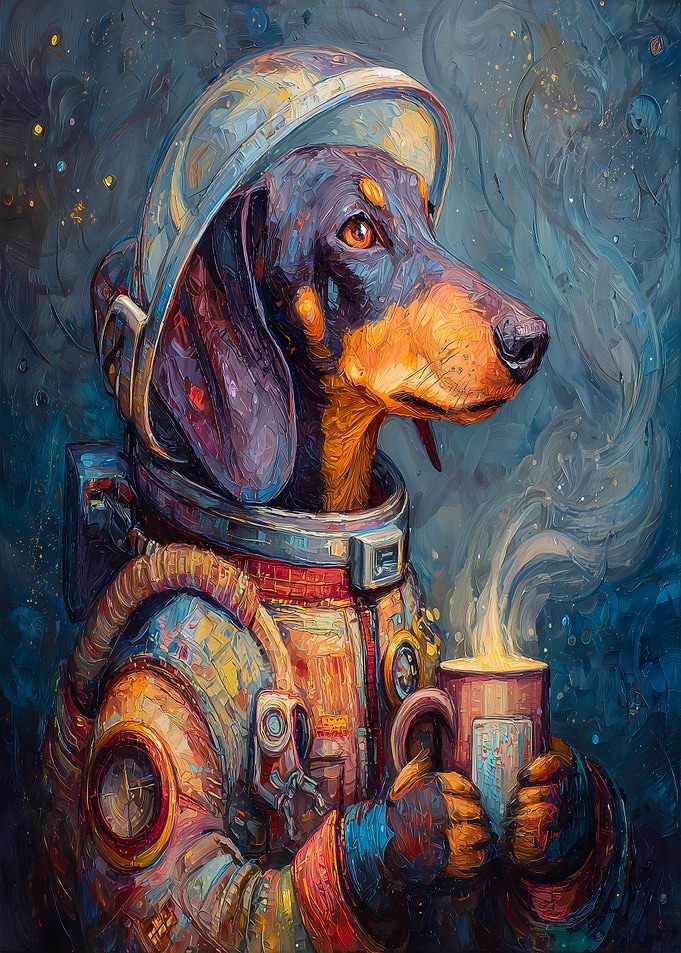 Dachshund Astronaut with Coffee