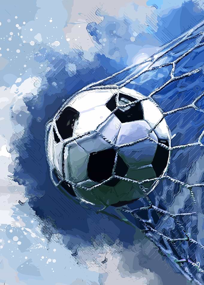 Soccer ball in net, blue tones