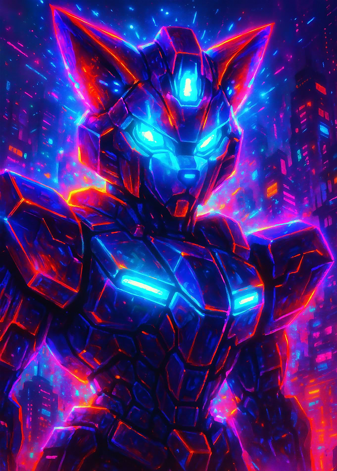 Cyberpunk Robotic red panda in Neon City