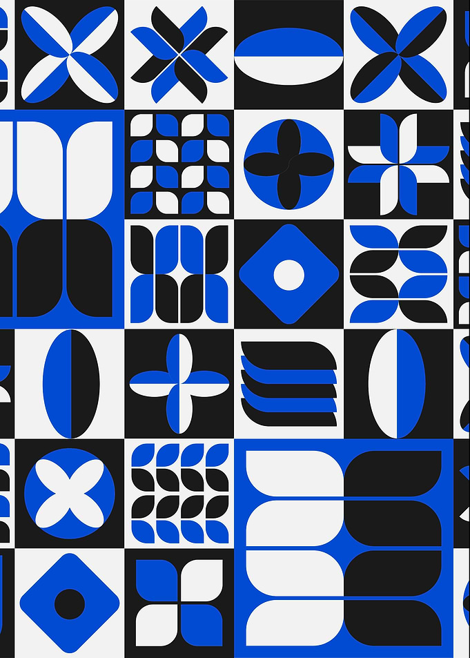 Geometric Pattern in Blue, Black, and White