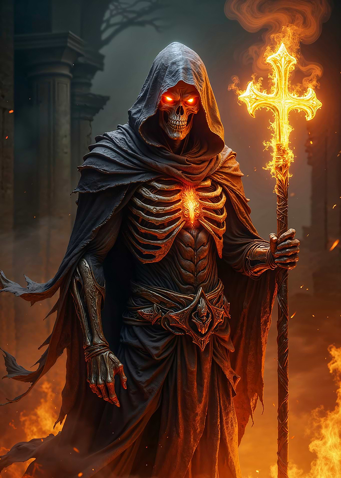 Grim Reaper with Flaming Cross Staff