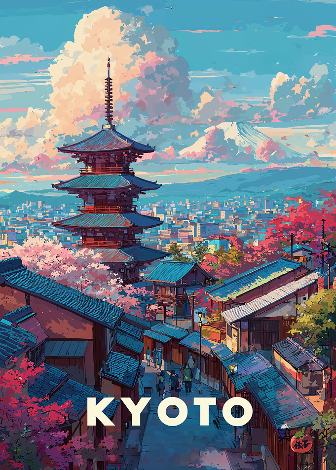 Kyoto Cityscape with Pagoda and Mountain