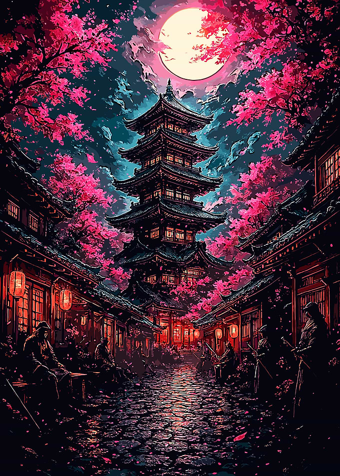 Japanese Pagoda with Cherry Blossoms