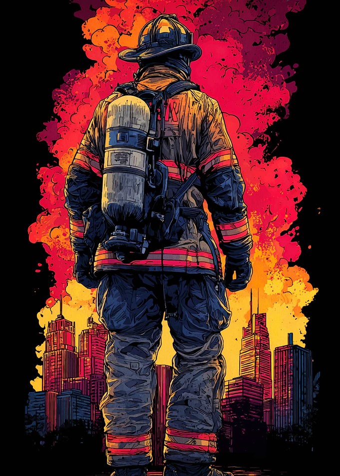 Firefighter in front of burning city