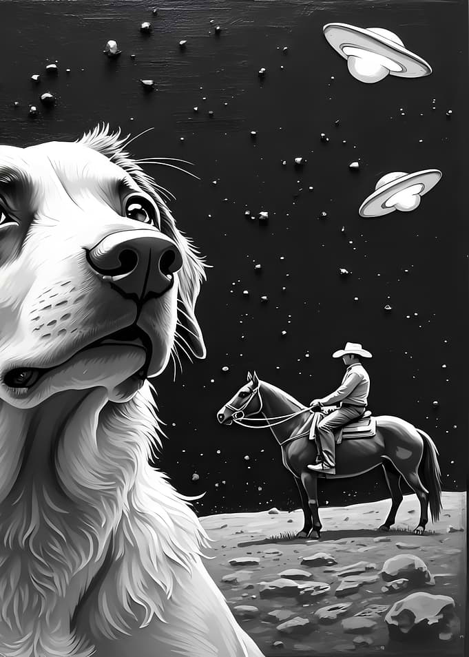 Dog, Cowboy, Horse, and UFOs, French Dog Selfie UFO Alien Encounter