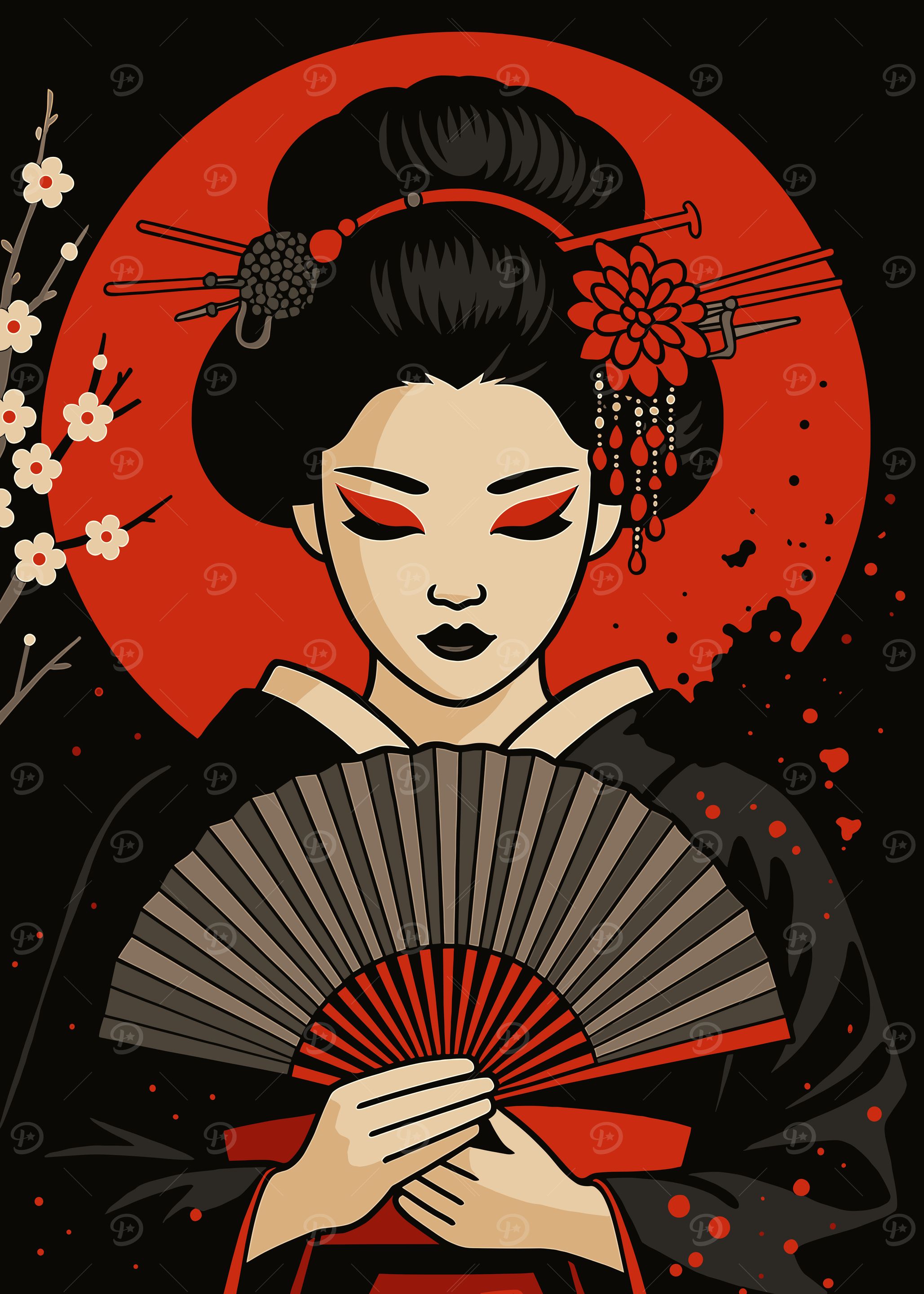 Geisha with Fan and Red Accents