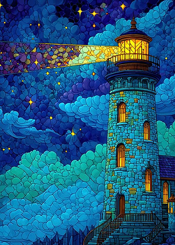 Blue Lighthouse at Night