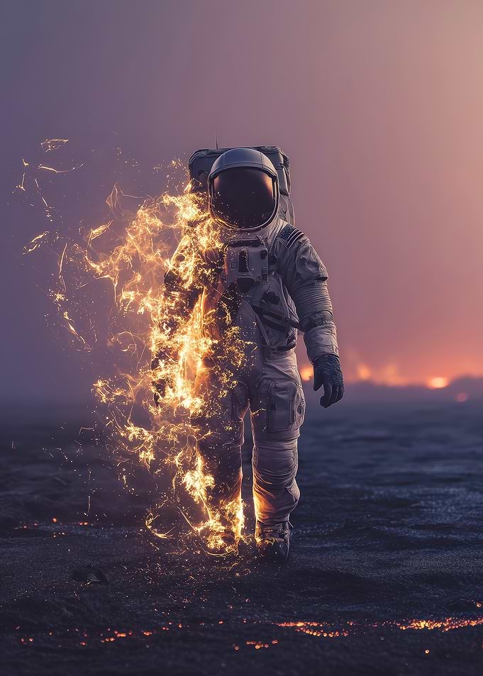 Surreal Astronaut Fire Fusion in Space Symbolizing Cosmic Transformation