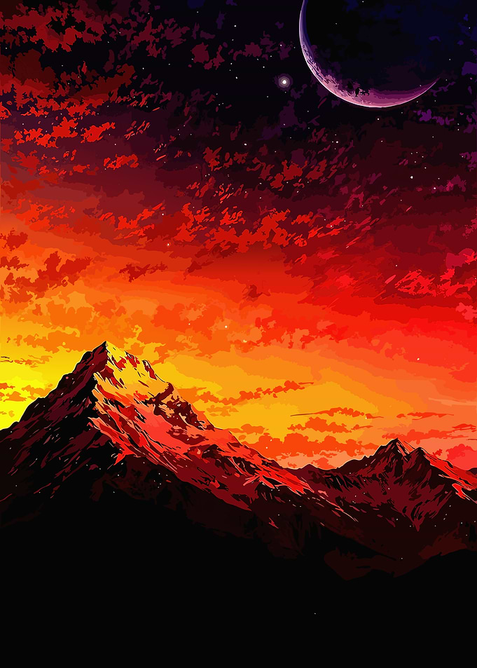 Fiery Mountain Landscape with Crescent Moon