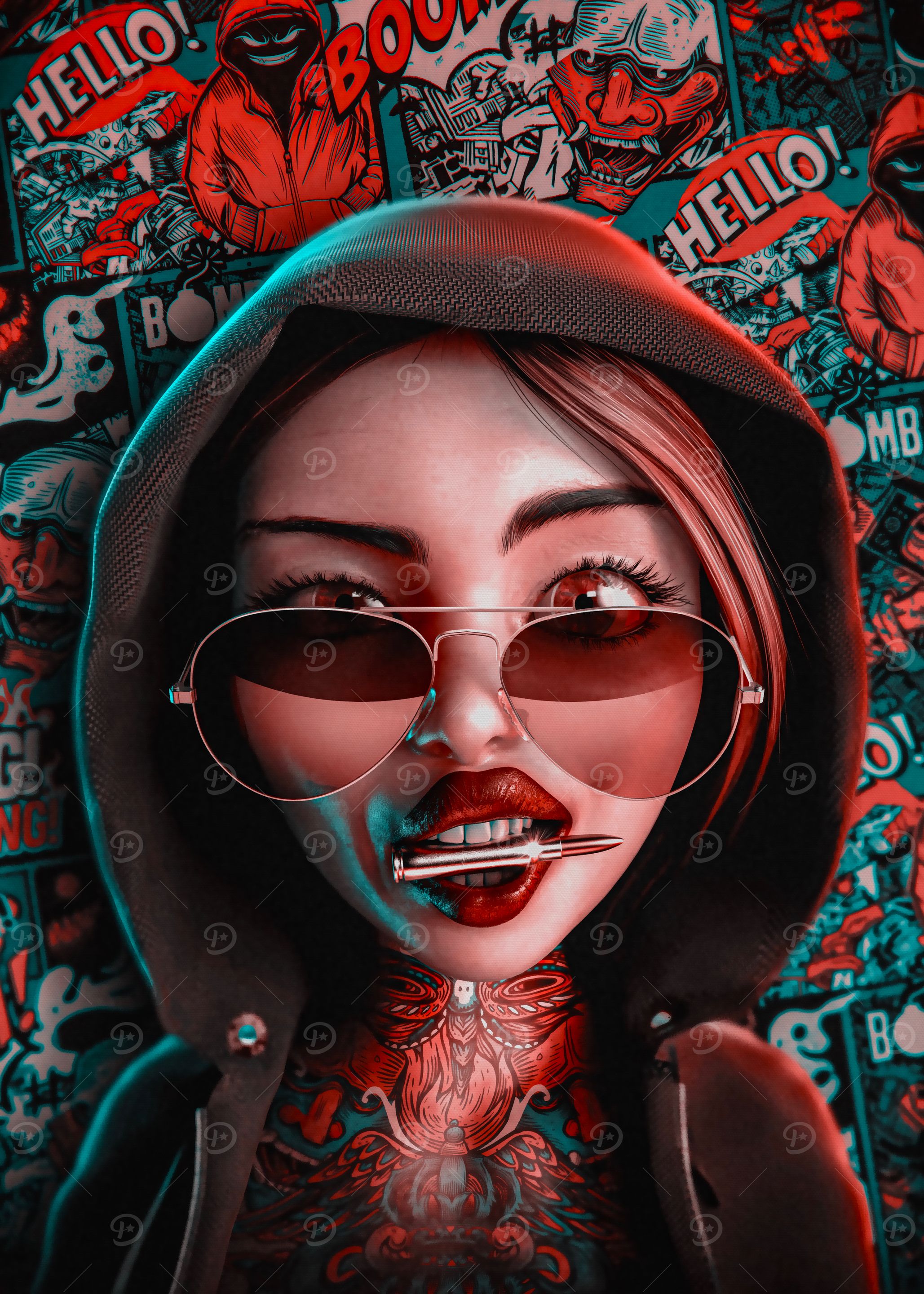 Hooded Girl with Bullet and Tattoos