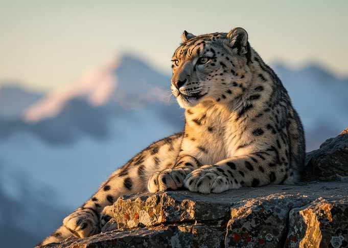 Snow Leopard Portrait in Mountain Landscape