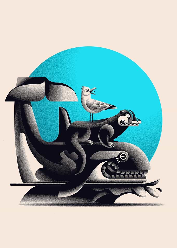 Whale, Otter, and Seagull Illustration