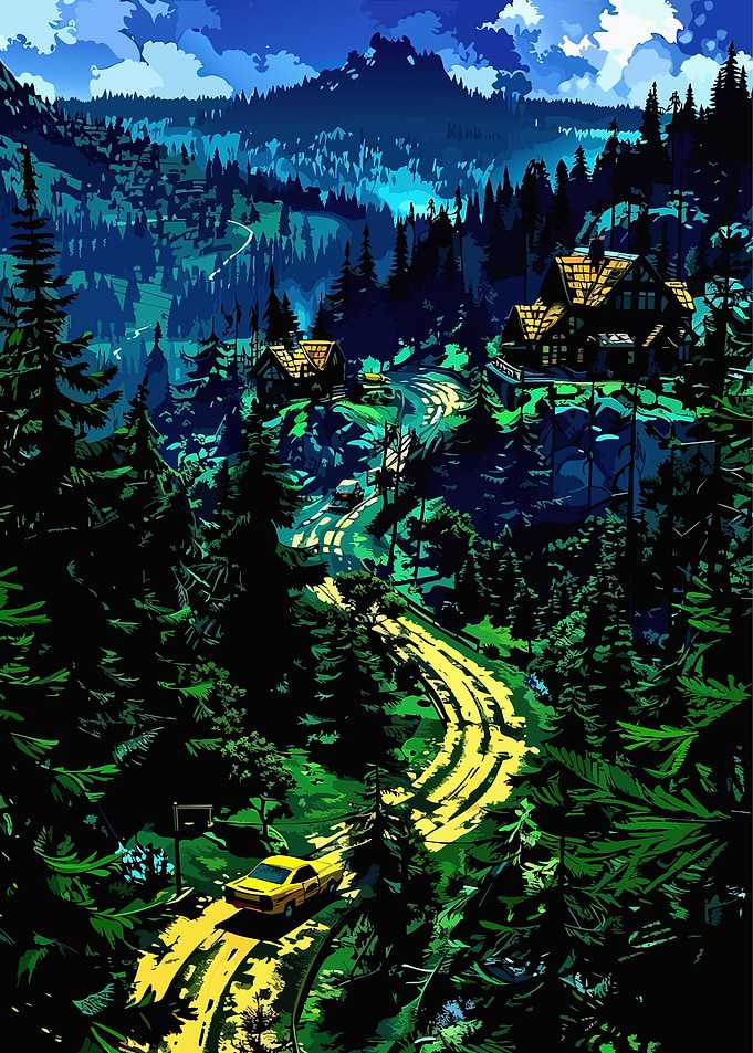 Mountain Road Trip with Yellow Car